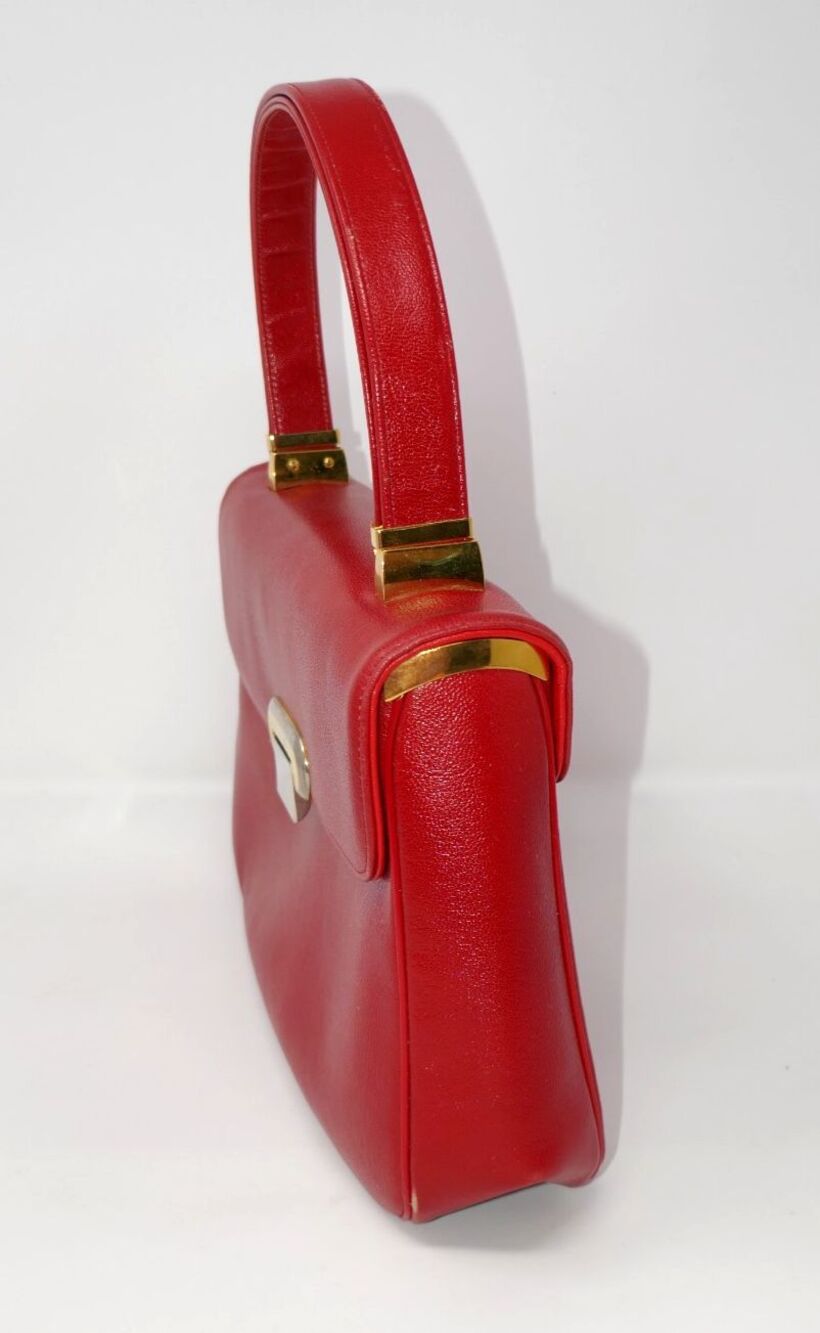 Koret Vintage 1950s 1960s Mid Century Two Tone Clasp Red Leather Top Handle Bag - Picture 9 of 16